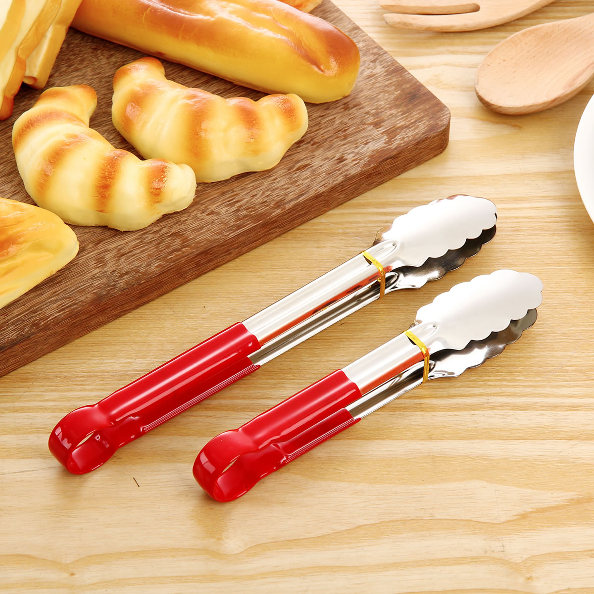 2件套不锈钢红柄软胶食品夹 家用面包夹烧烤夹肉夹菜夹子