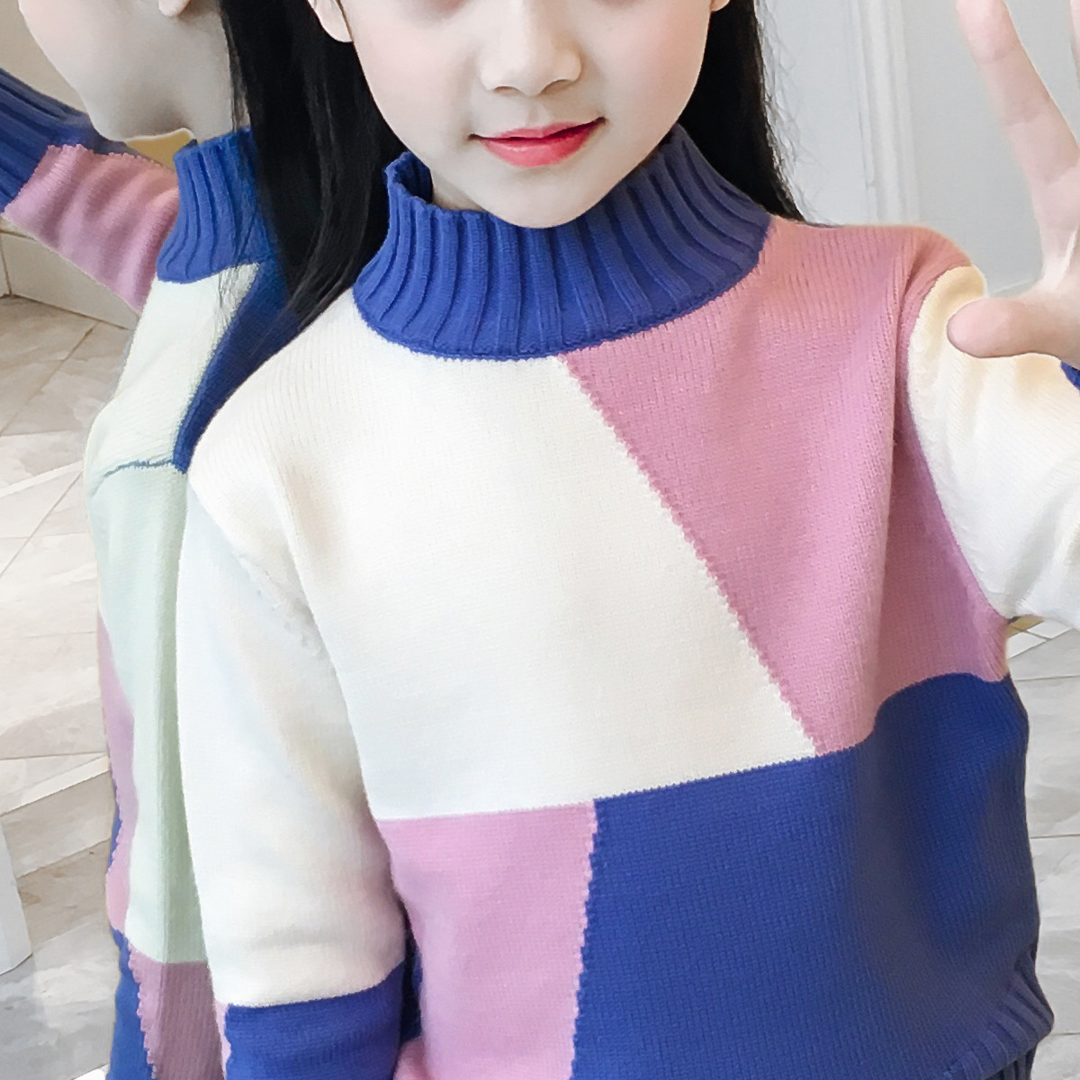 秋冬春新款韩版中大童女童毛衣潮流拼色套头半高领儿童套头针织衫