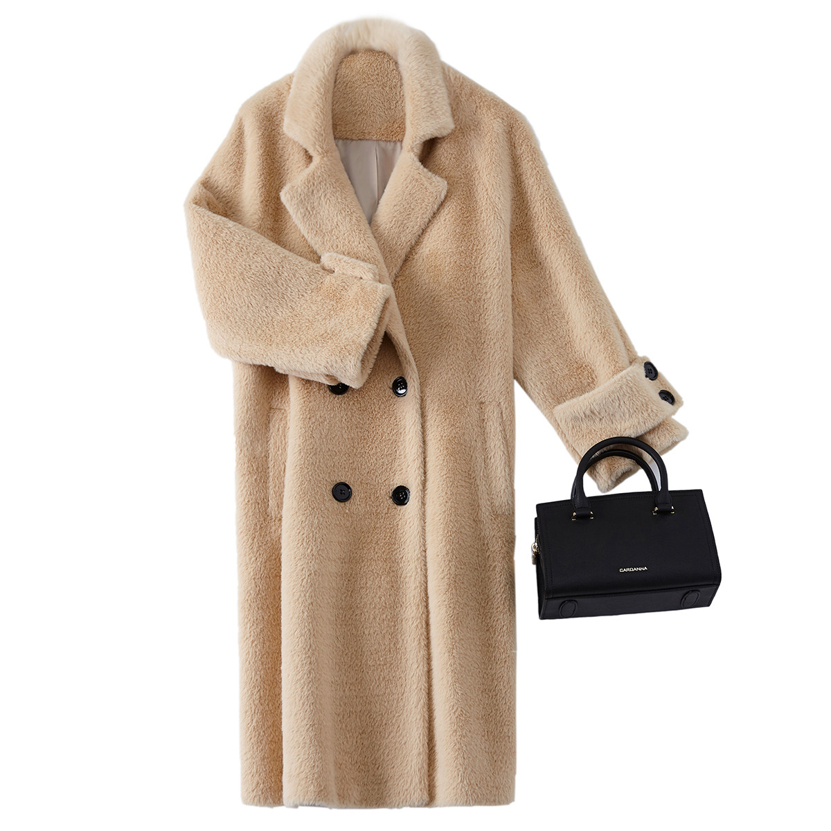 女款羊驼毛混纺双排扣时尚优雅苏利绒大衣