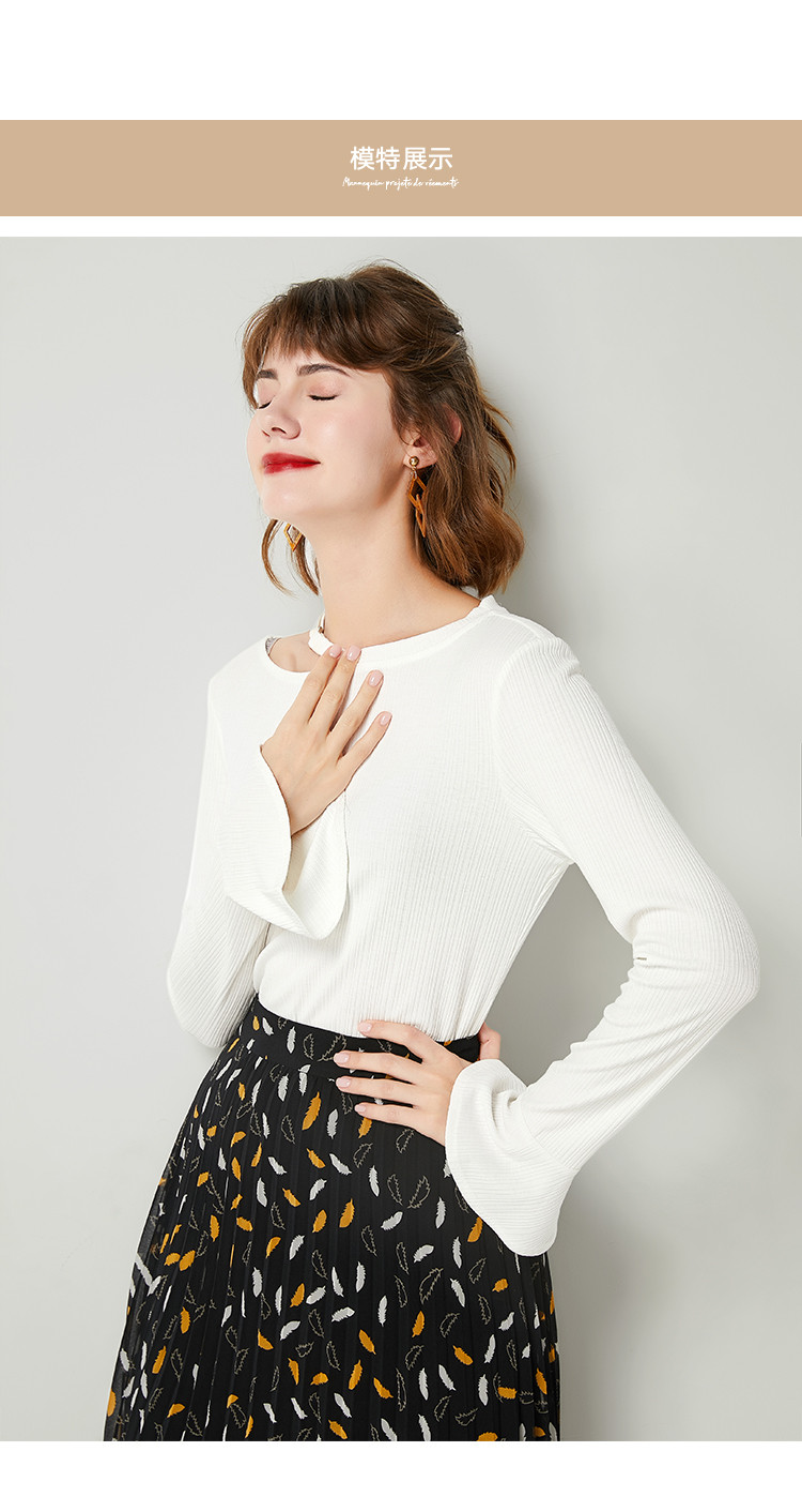 lachata2019春新款女士百搭镂空复古喇叭袖口女款t恤