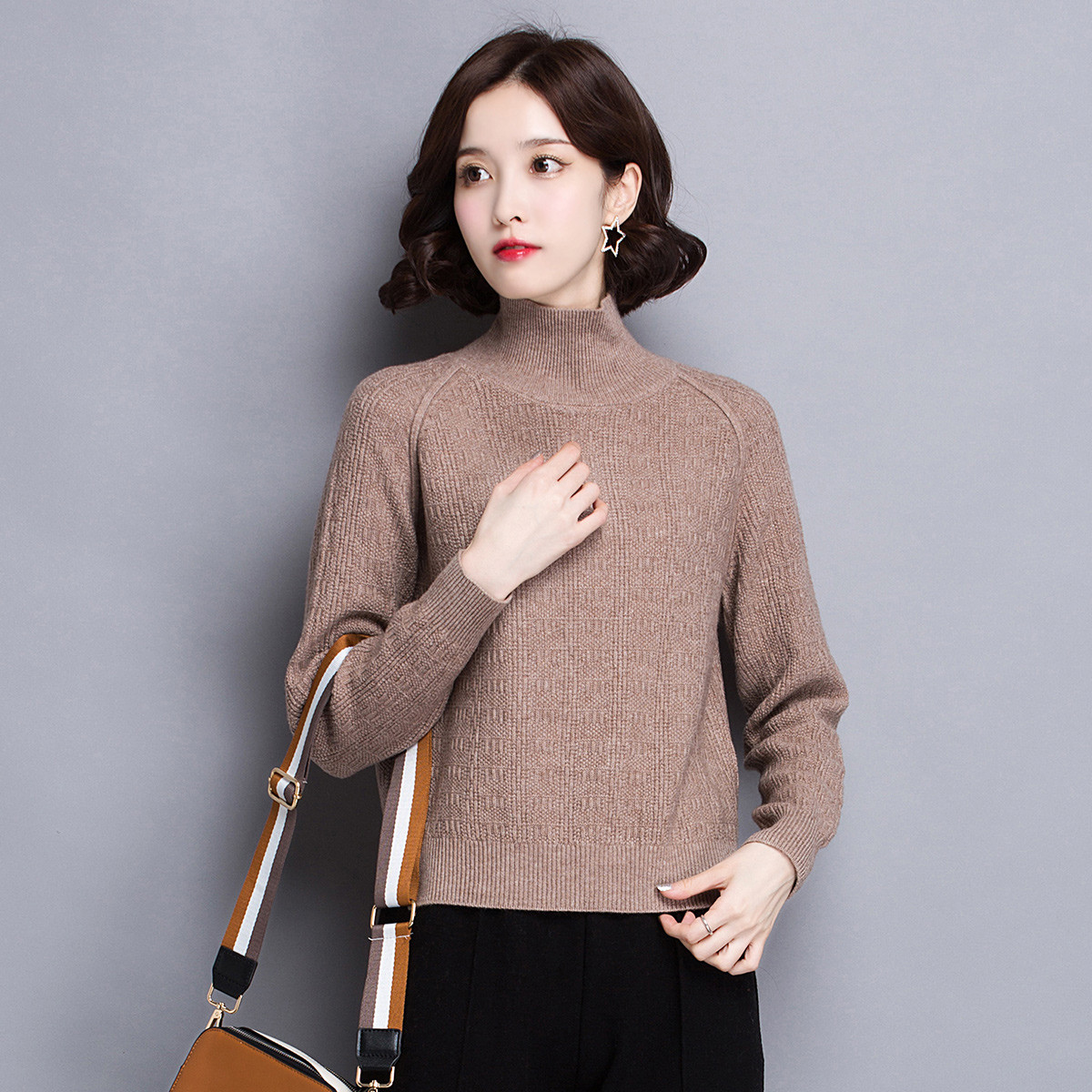 100%纯羊毛村上春秋冬新款气质毛衣长袖纯色宽松打底衫女式羊毛衫