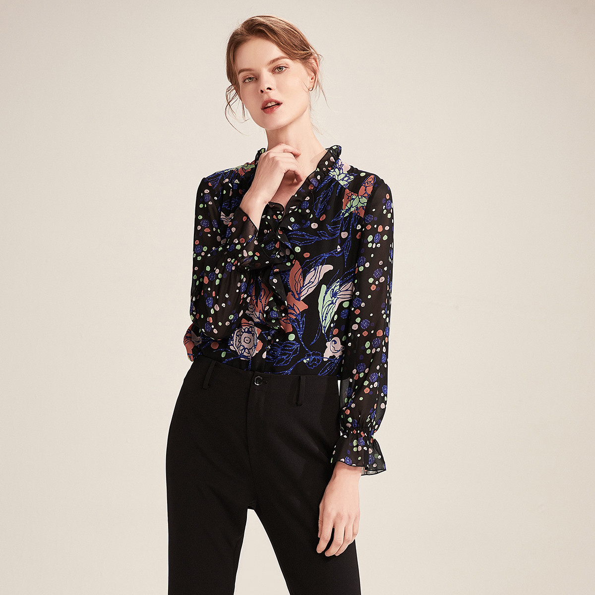 juzui/玖姿春装新款荷叶边v领印花雪纺女式衬衫