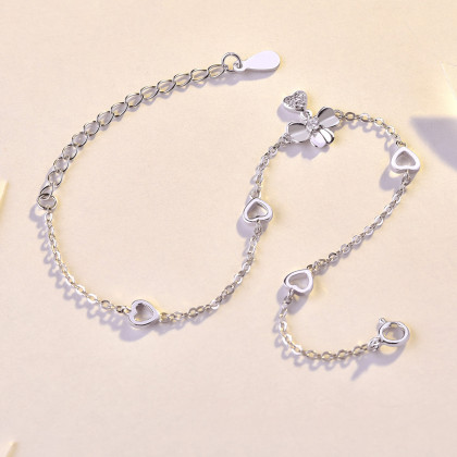 宝诚925银心遇女士纯银手链简约学生森系桃心幸运三叶草手环送女友