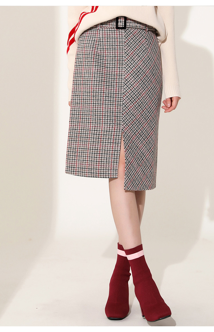 毛呢格子包臀半身裙秋冬新款开叉设计一步裙中长款不规则优雅时尚半截