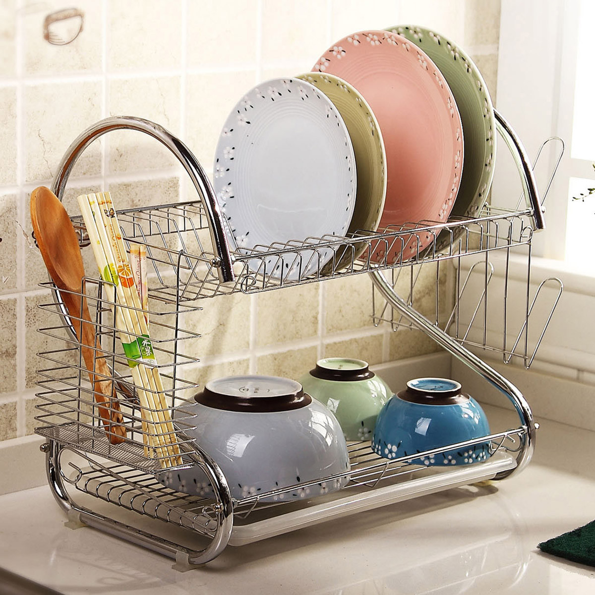 s型双层厨房沥水架 碗碟碗筷沥水篮 沥水碗架 厨房碗碟置物架