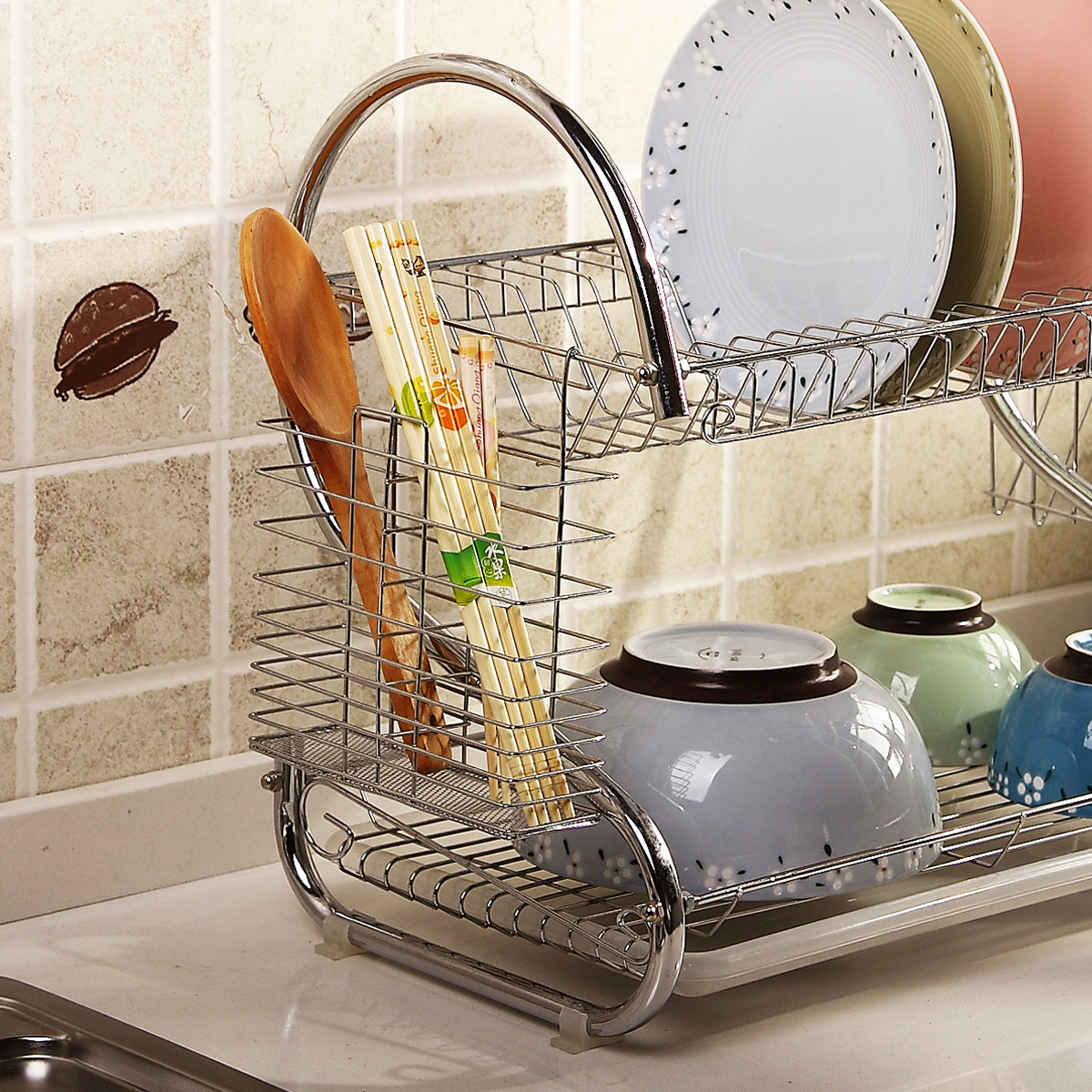 s型双层厨房沥水架 碗碟碗筷沥水篮 沥水碗架 厨房碗碟置物架