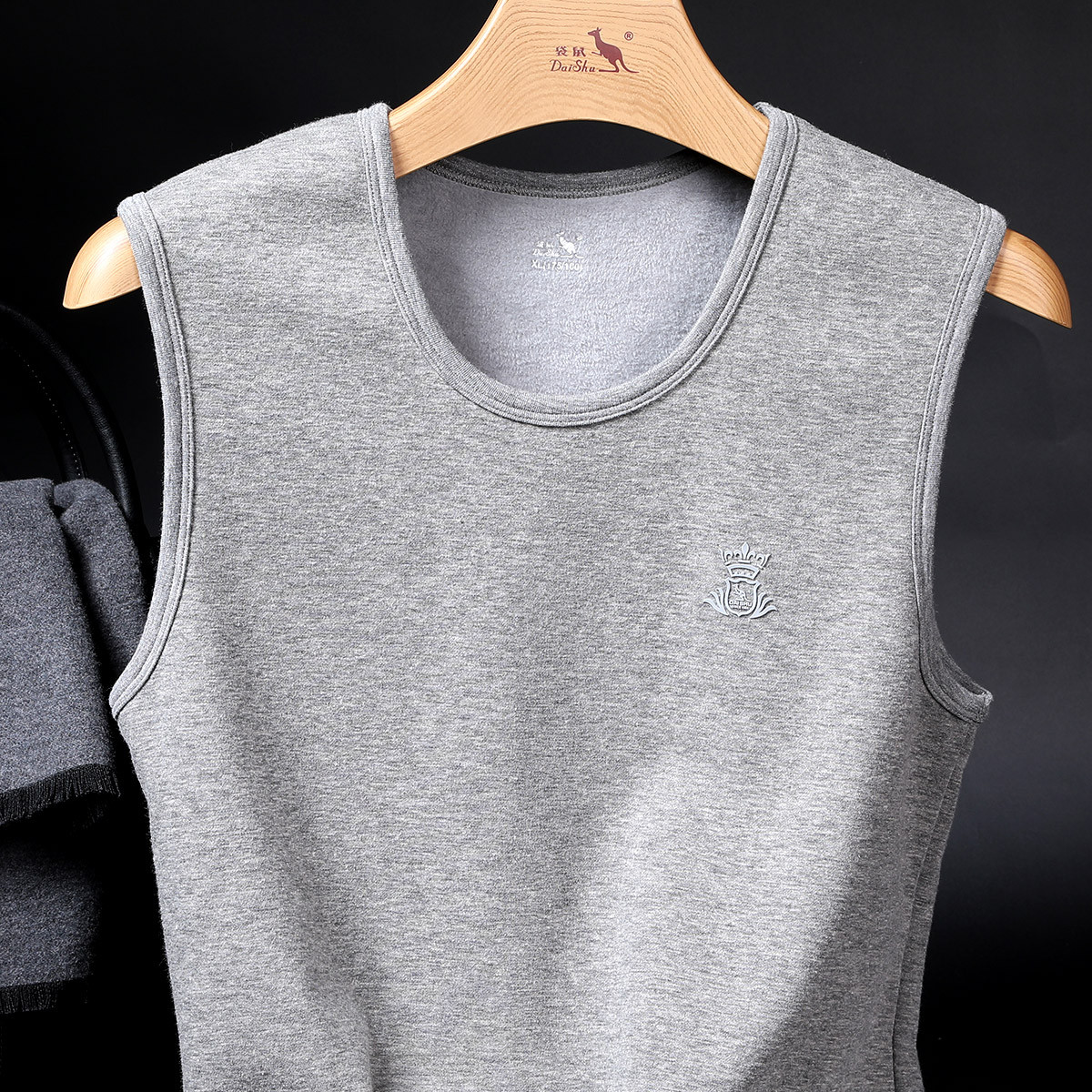 袋鼠经典圆领宽肩德绒男士保暖背心男士加绒背心男士保暖内衣上衣