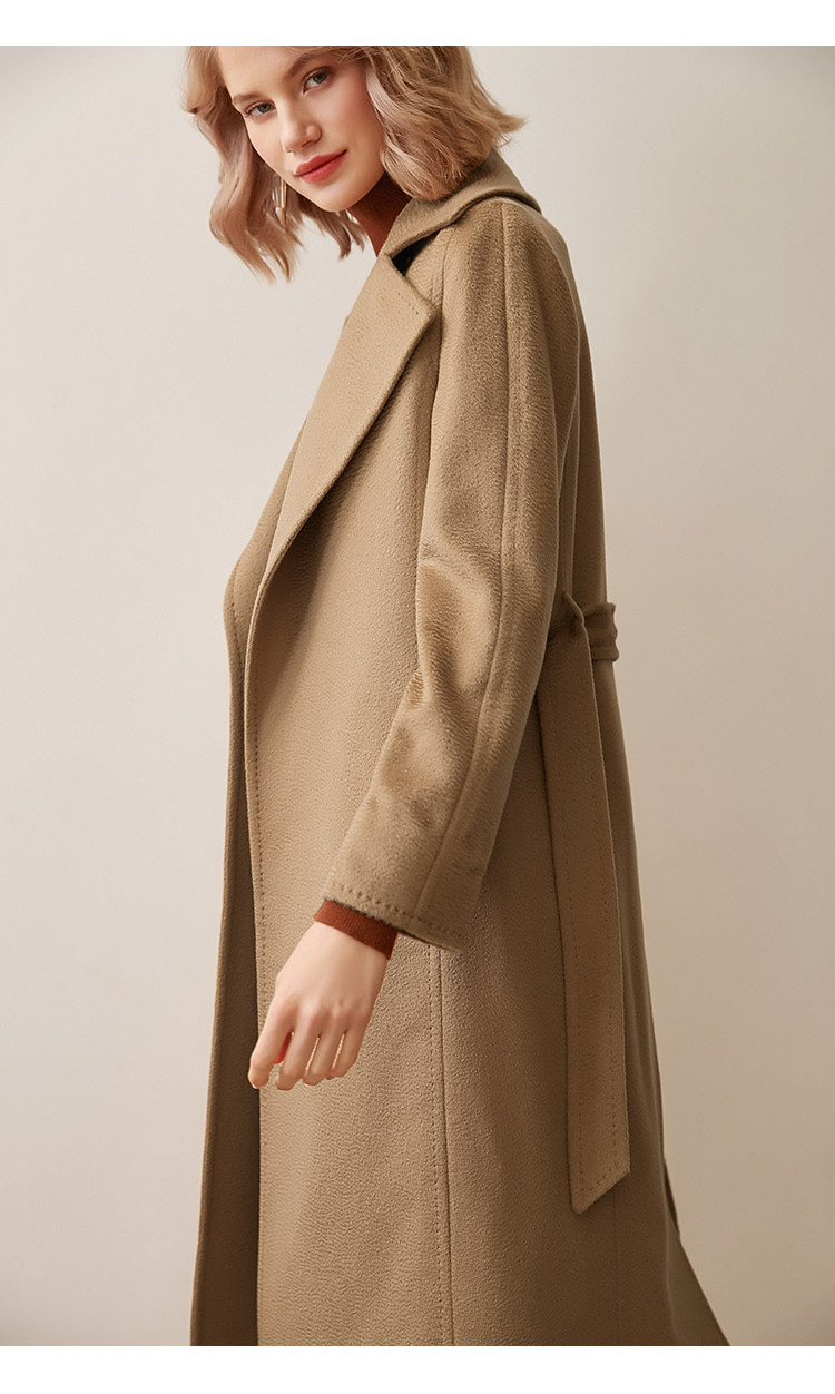 水波纹翻领羊毛长款外套毛呢大衣