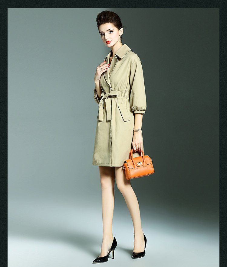 珂曼雅优雅时尚翻领灯笼袖腰部系带减龄显瘦风衣