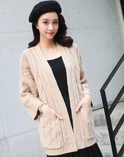 2019年春时尚简约编织休闲长袖口袋设计毛衣外搭开衫女装外套