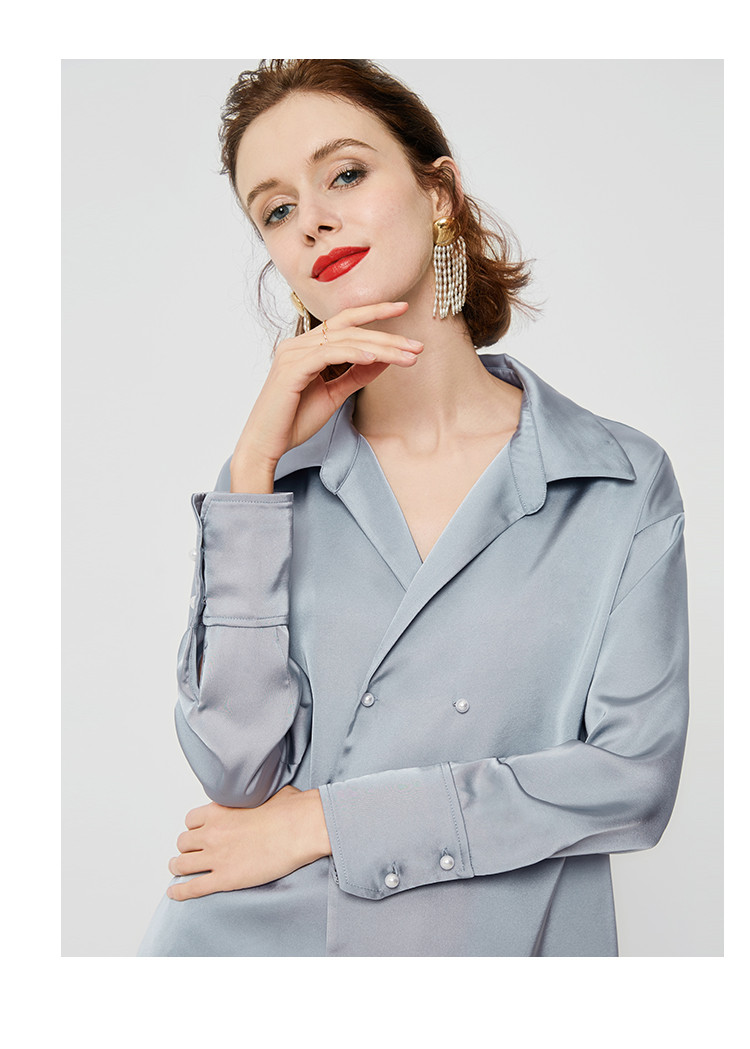 lachata女装专场 2019年春装新款复古优雅珍珠双排扣气质翻领长袖衬衫