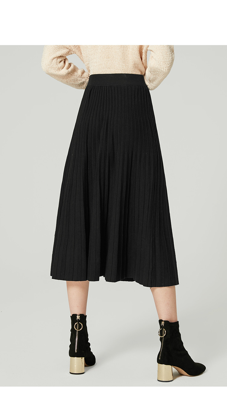 lachata2018冬装新款 女士气质优雅简约版型针织中长裙 黑色半身裙