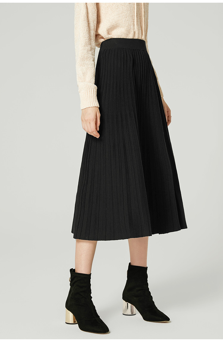 lachata2018冬装新款 女士气质优雅简约版型针织中长裙 黑色半身裙