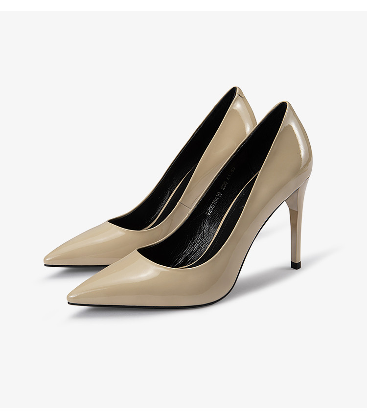 女士单鞋牛漆皮尖头细高跟套脚时装单鞋