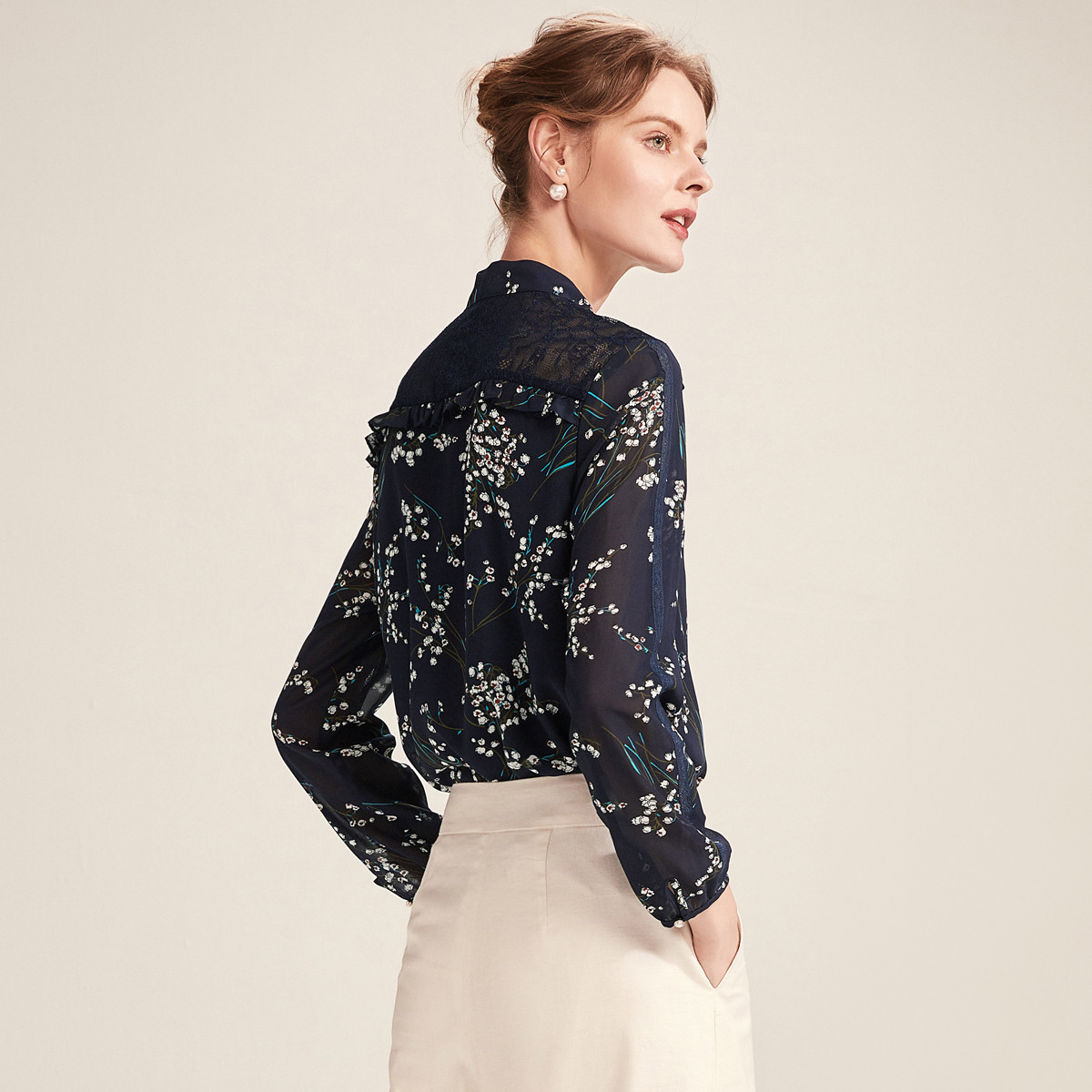 juzui/玖姿春装新品蕾丝拼接雪纺衬衫上衣女