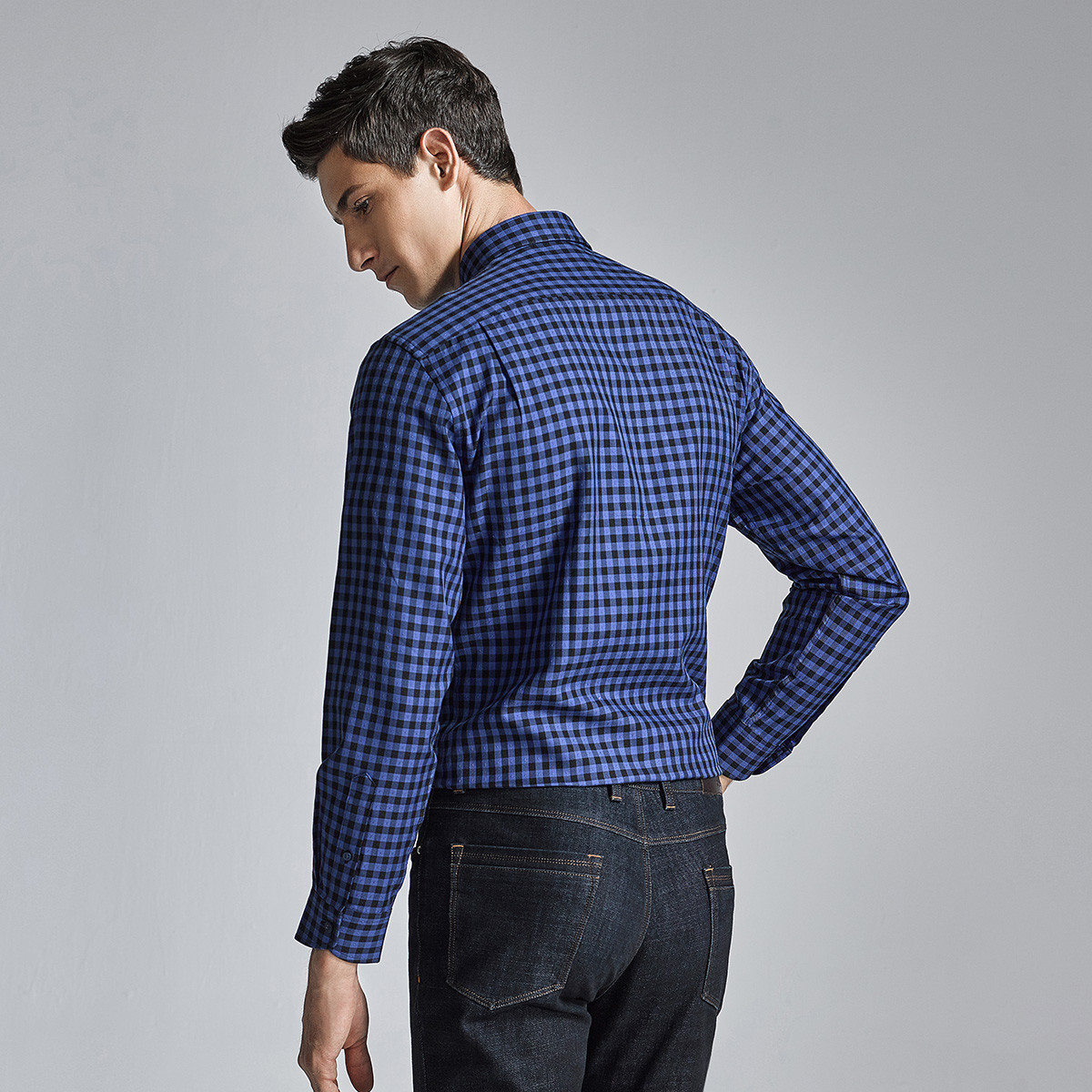 金利来男装 棉质格纹提花商务休闲男士长袖衬衣