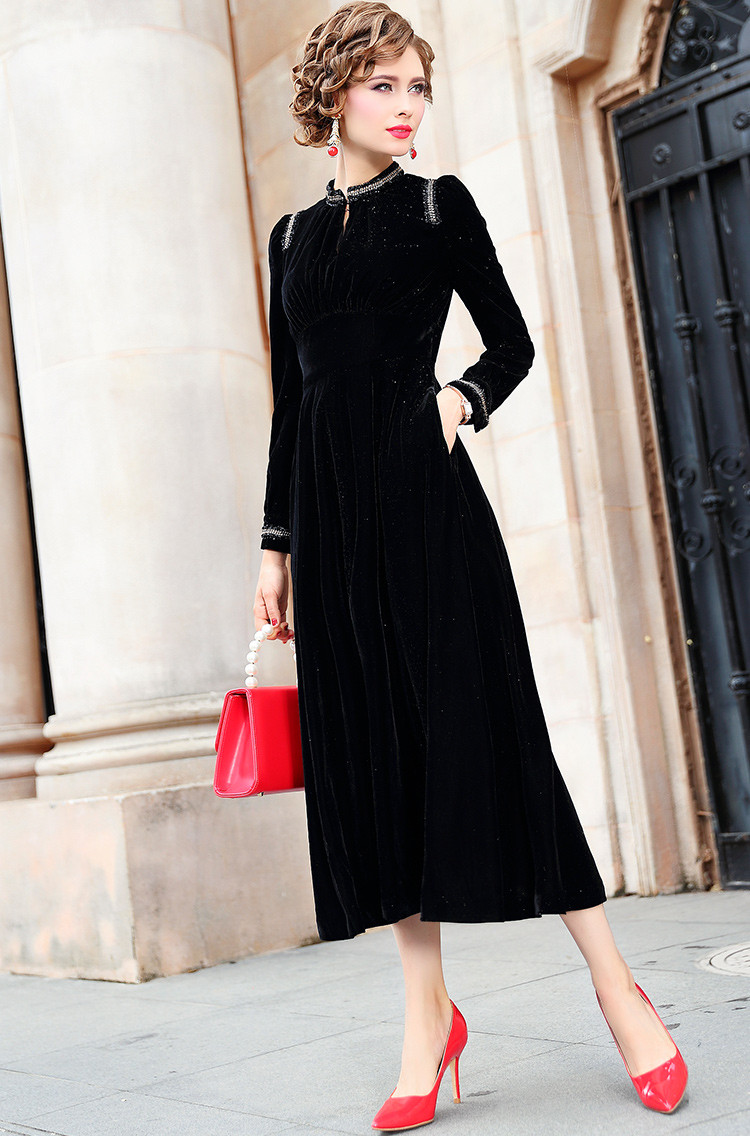 2018新款淑女气质修身长裙子秋冬修身黑色丝绒连衣裙