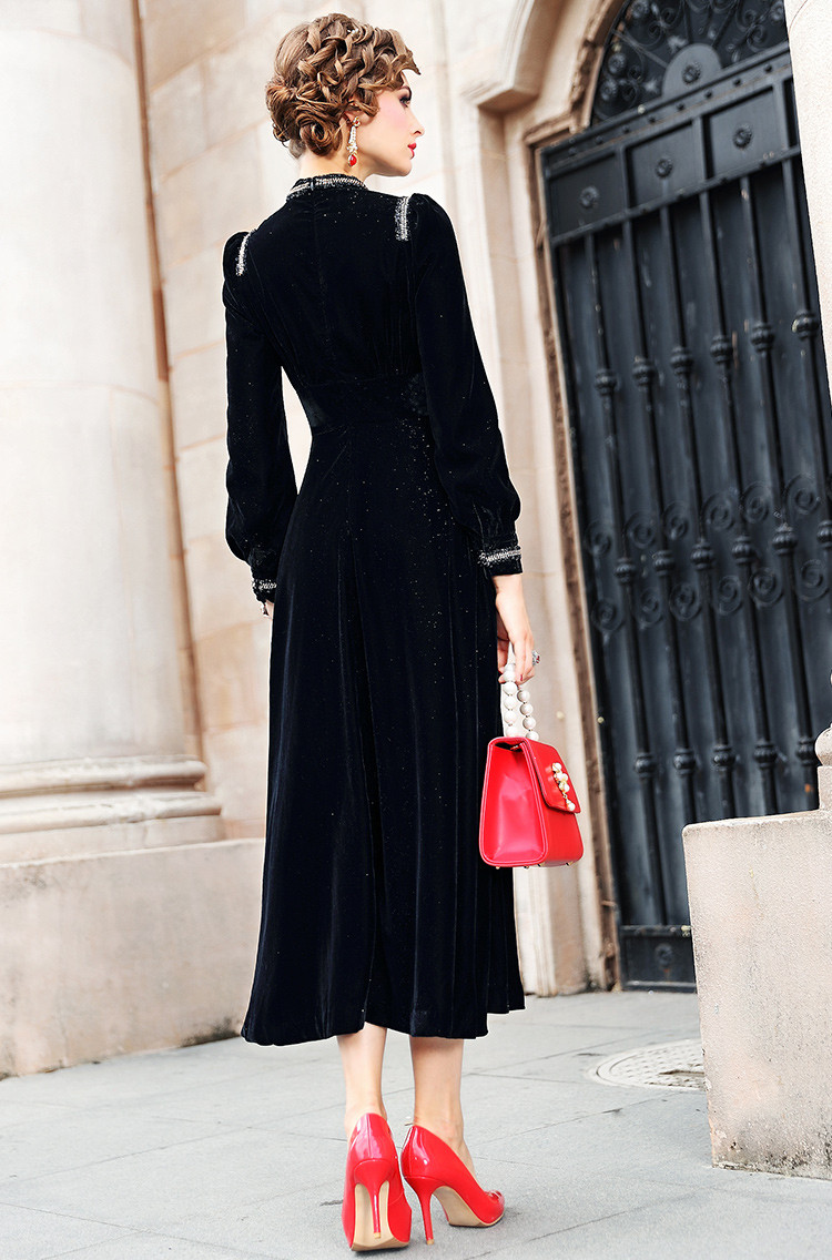 2018新款淑女气质修身长裙子秋冬修身黑色丝绒连衣裙