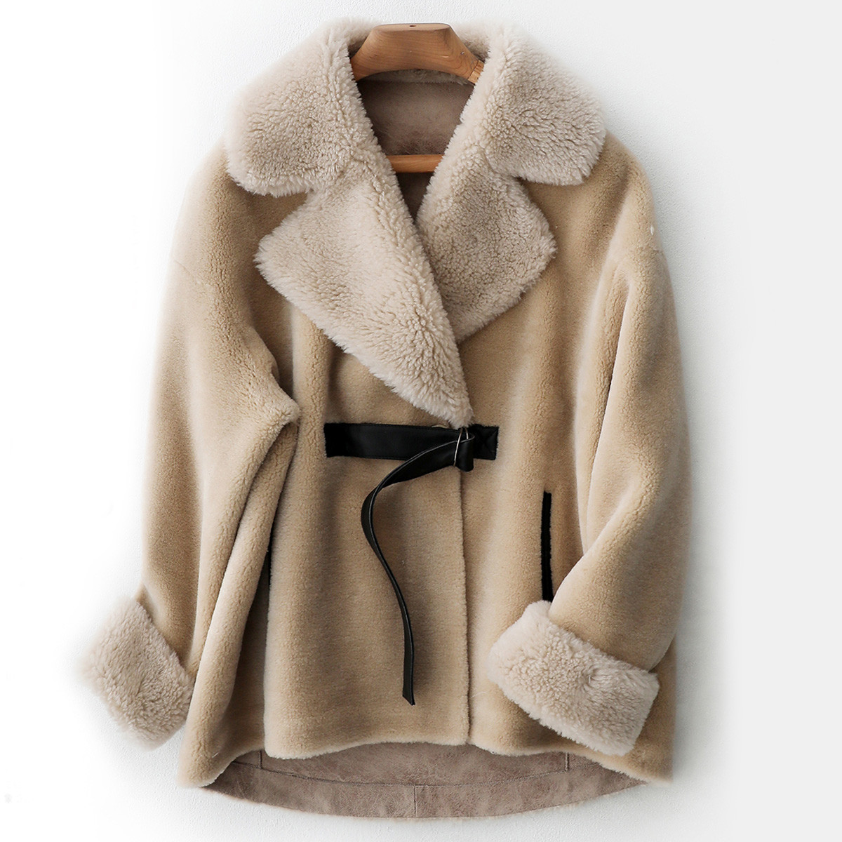 中长款女士羊毛大衣西装领皮扣系带款羊剪绒皮草外套时尚女装