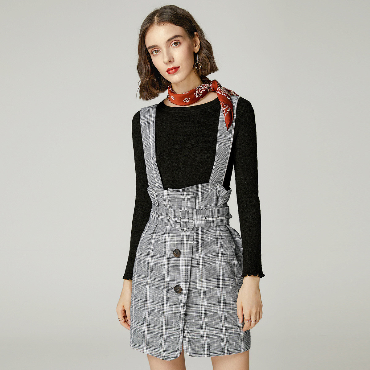 lachata2019春新款 女士复古格纹百搭修身女款背带裙