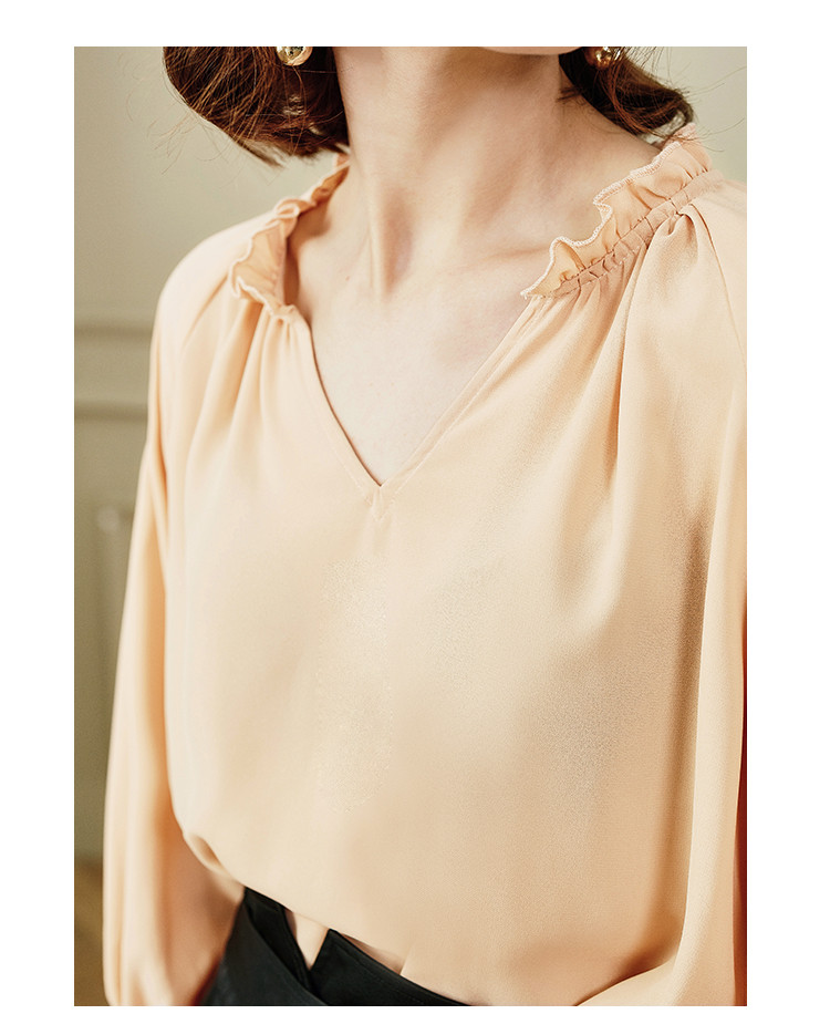 2019夏新款v领领口荷叶边轻薄雪纺衫女款衬衫