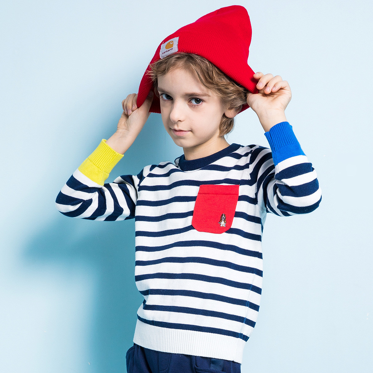 暇步士童装2019年春季新款男童毛衣儿童时尚撞色彩条套头线衣