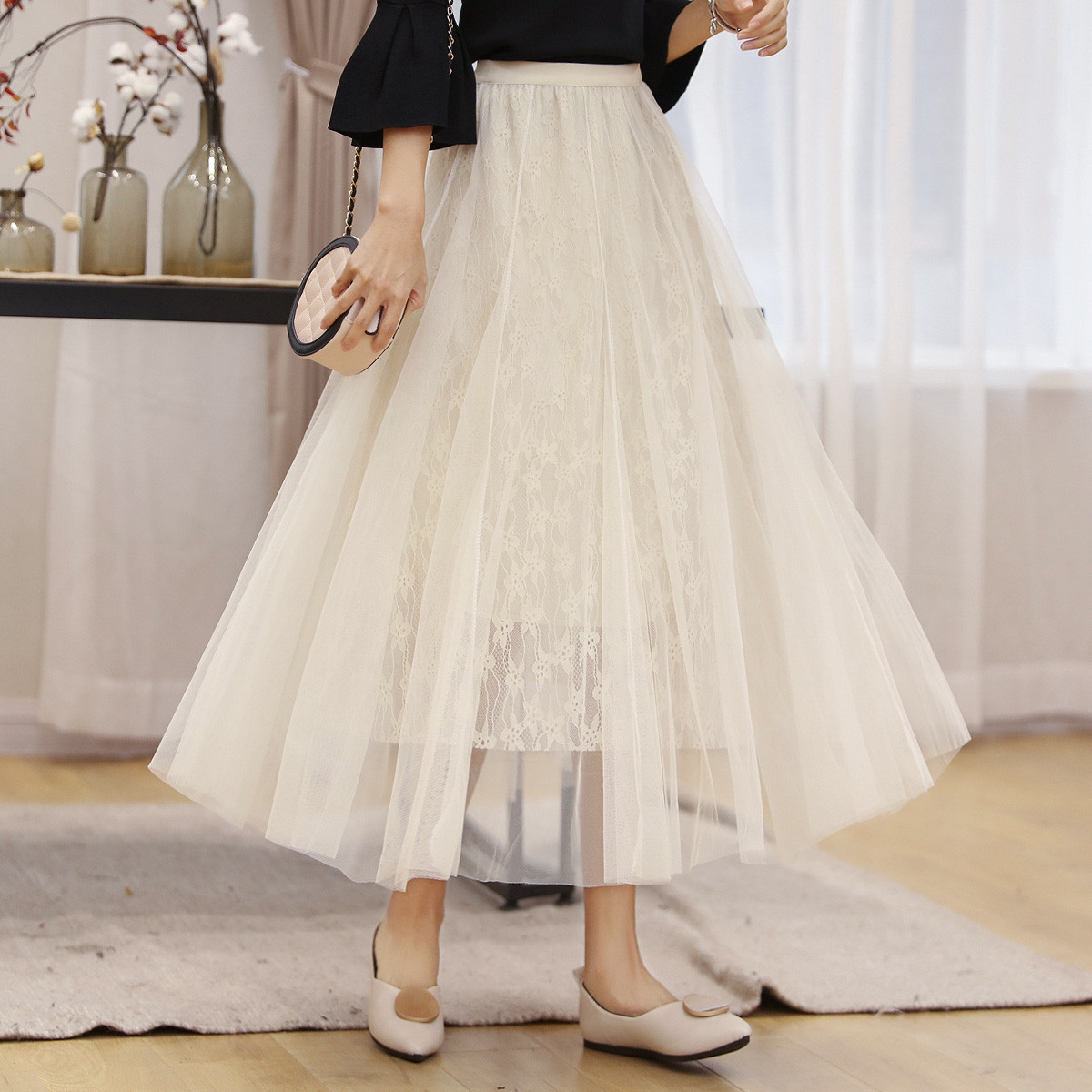 【唯品会】 terre bleue2019春季韩版女装裙子仙女蕾丝长裙高腰网纱a