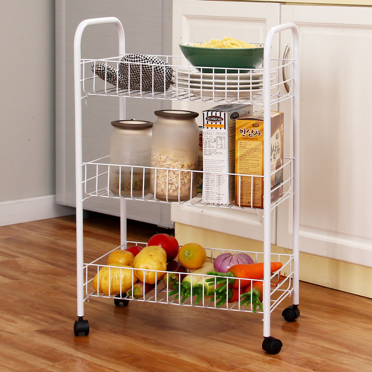 白色密线固定篮三层车 可移动厨房蔬菜篮 卫生间收纳架置物架