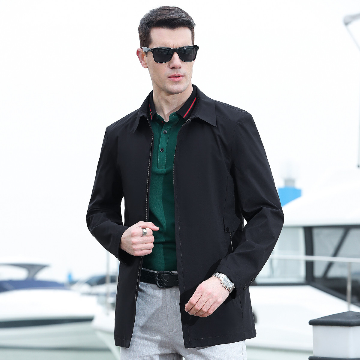 雅鹿男装秋季新款商务休闲中老年纯色方领男士夹克外套爸爸装s44fcj