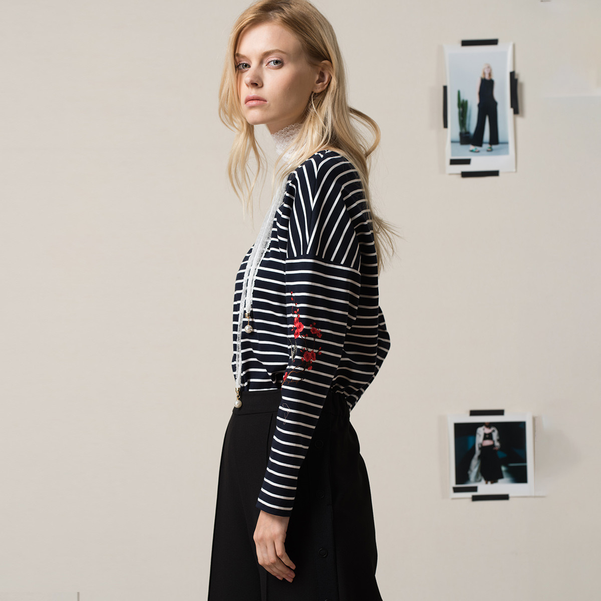 fexata新款女装圆领套头长袖条纹t恤