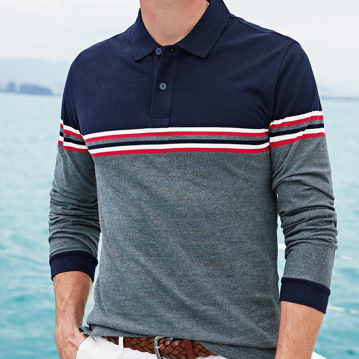 【时尚简约】新款休闲翻领合身棉质条纹男士长袖t恤polo衫