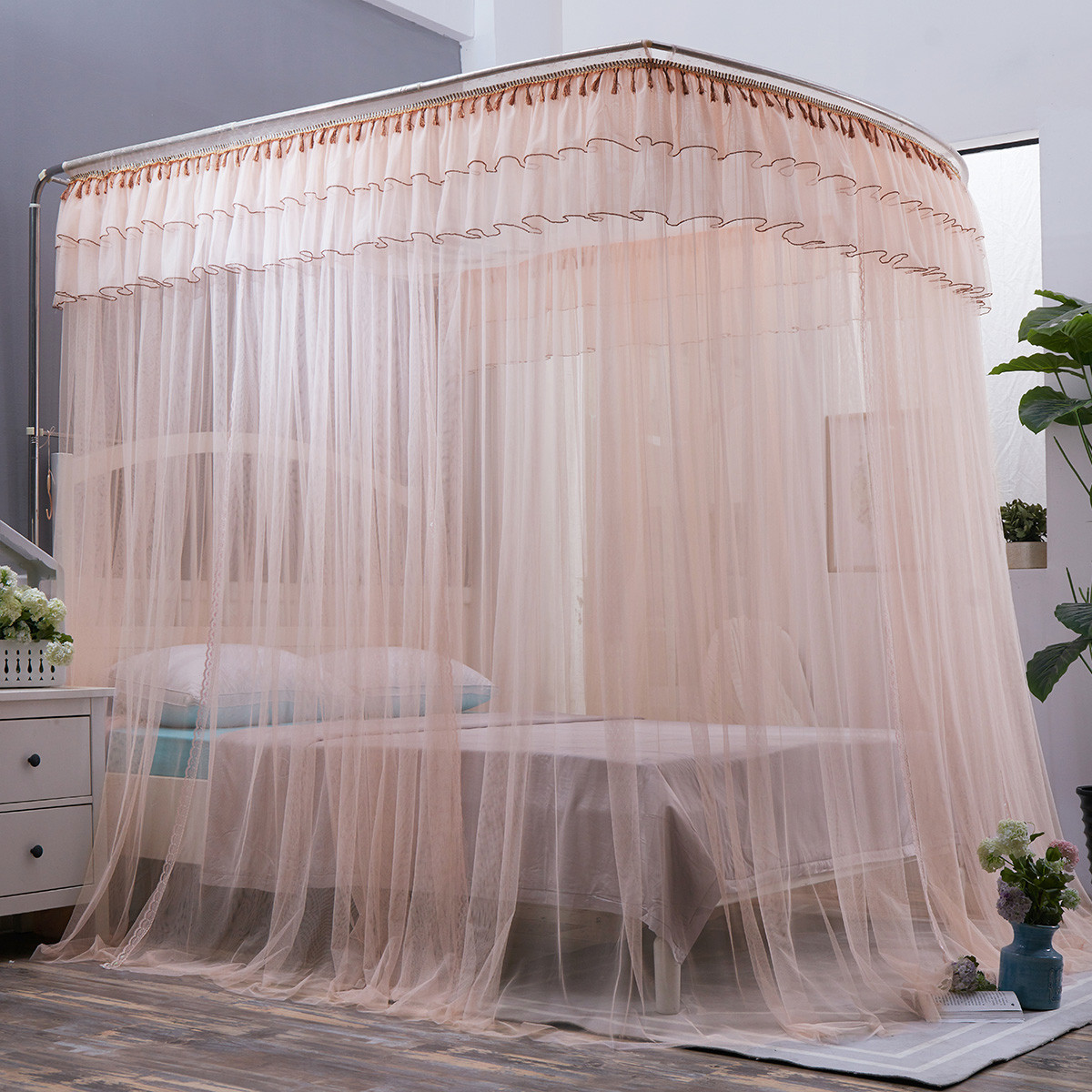 【u型导轨蚊帐】三开门伸缩蚊帐双人家用宫廷蕾丝边公主风蚊帐