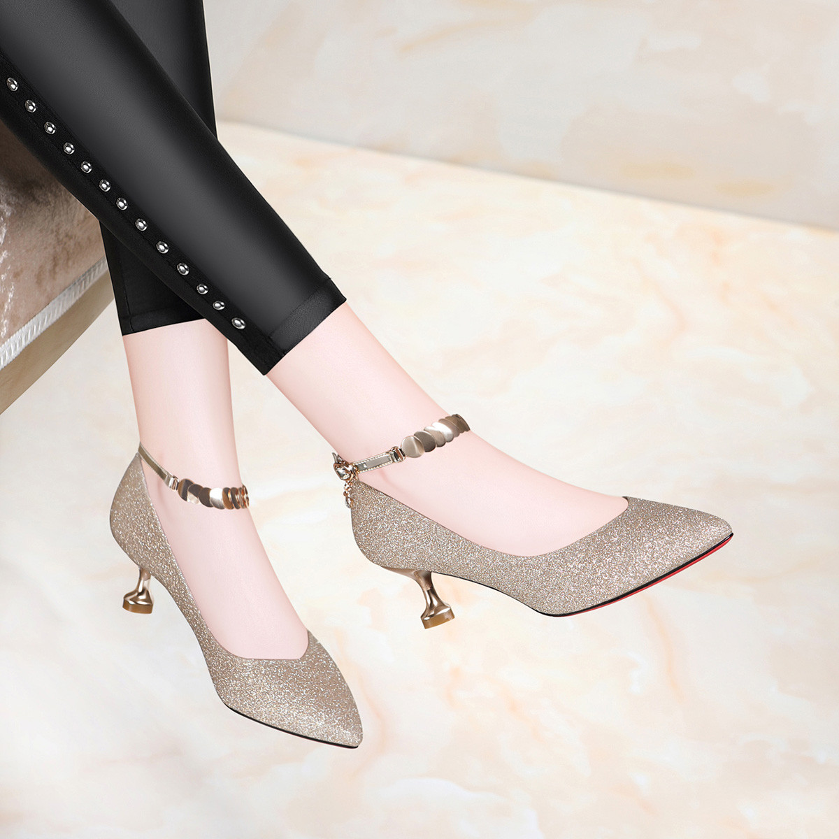 春款百搭一字带高跟鞋性感尖头猫跟浅口单鞋女鞋通勤单鞋15401_唯品会