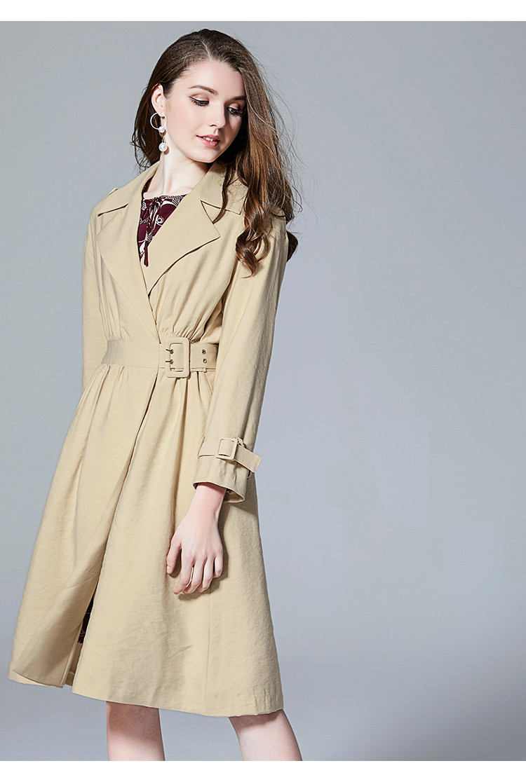 19春新款简约通勤杏色长袖大翻领优雅修身纯色中长款女款风衣