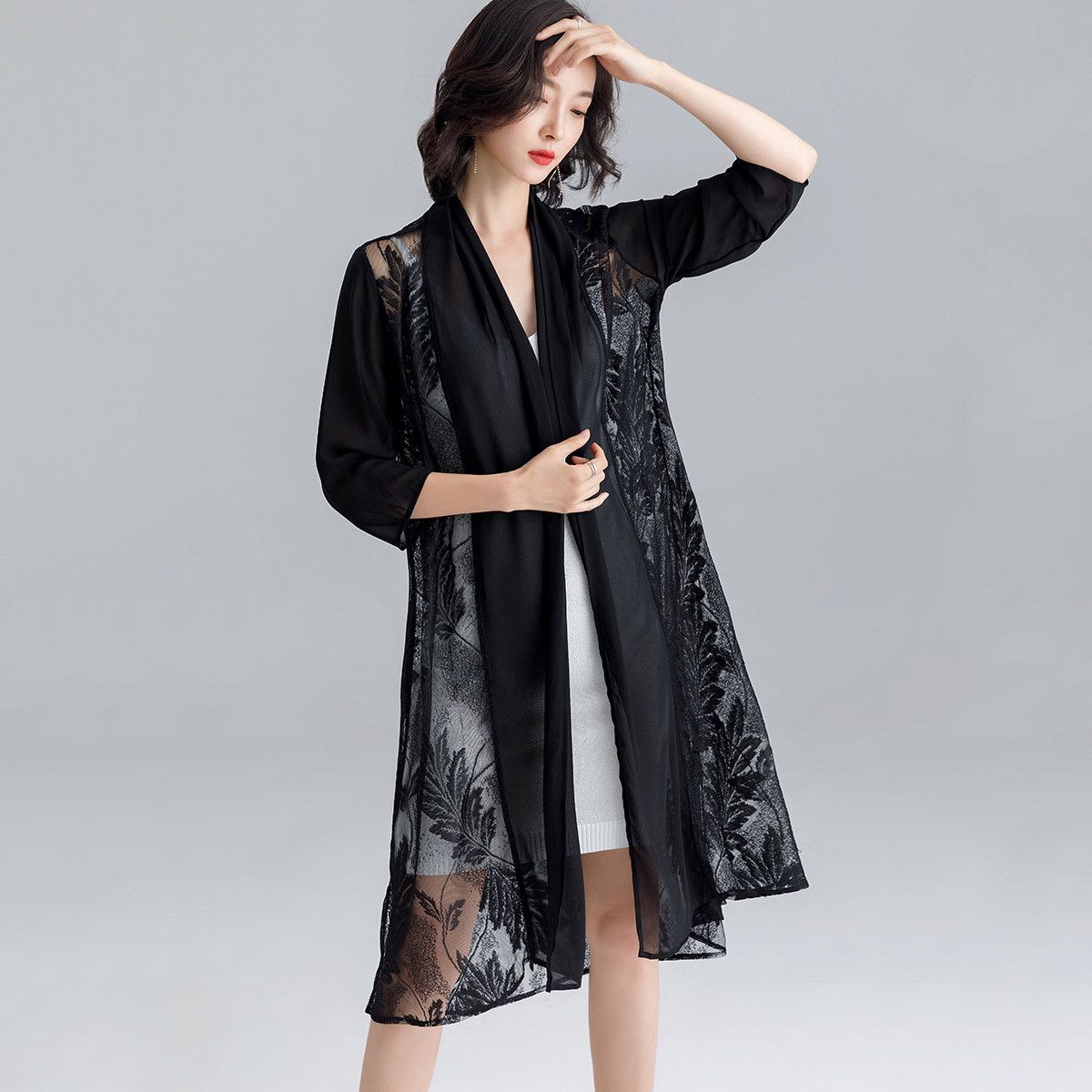 【2019夏季新款】仿真丝雪纺外披开衫女中长空调衫披肩薄外套