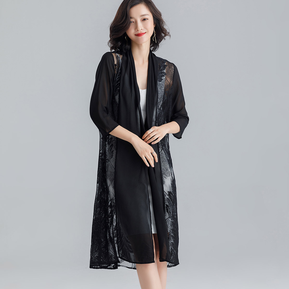 【2019夏季新款】仿真丝雪纺外披开衫女中长空调衫披肩薄外套