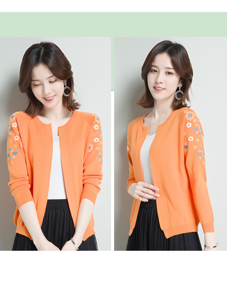 19新款春装外套女装针织衫开衫短款圆领绣花女式毛衣外穿上衣