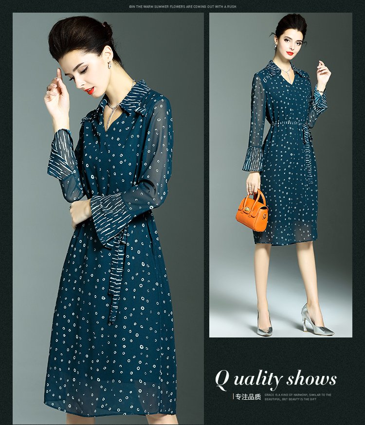 雅女装清仓旗舰店 珂曼雅荷叶边荷叶袖v领翻领腰带装饰时尚百搭连衣裙