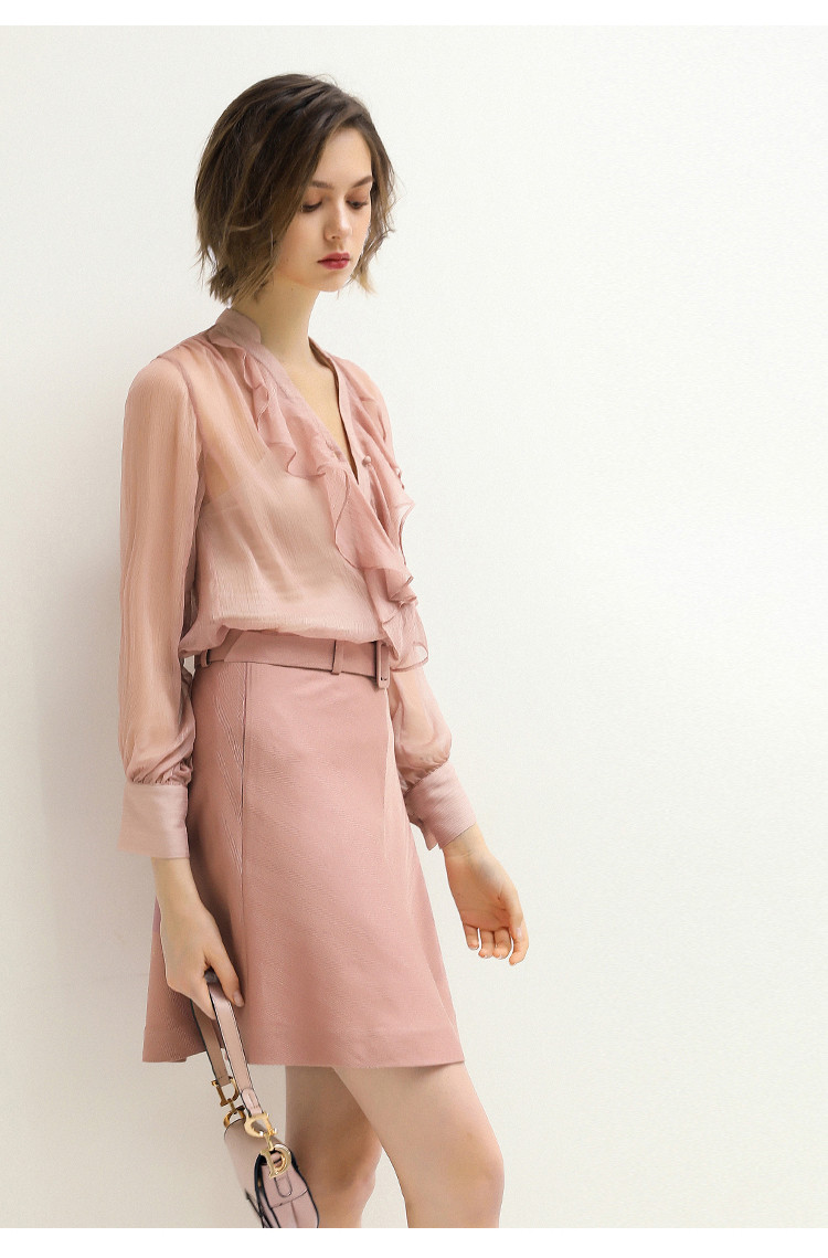 莫兰迪色系荷叶边微透雪纺衫女宽松v领衬衫ogkt13