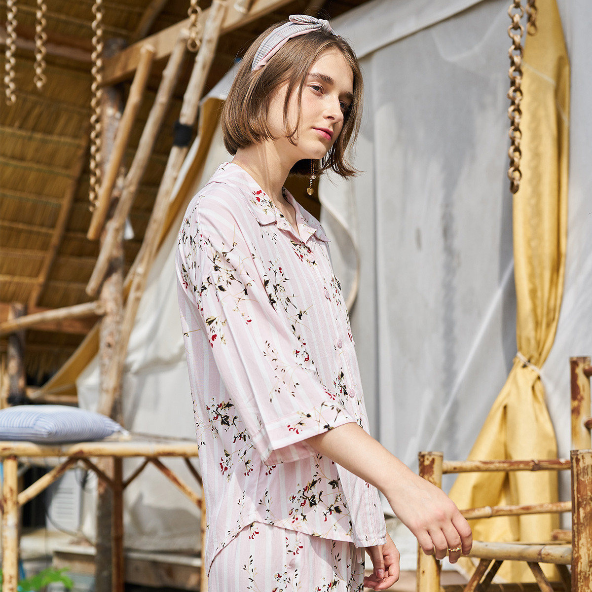 【清仓】秋鹿内衣睡衣梭织夏季甜美清新七分袖女单上衣女士家居服