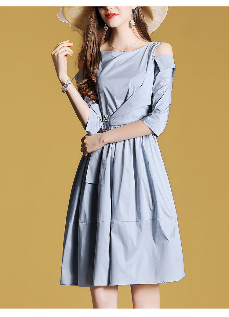 2019春夏连衣裙新款露肩圆领棉质不规则设计感a字中长裙