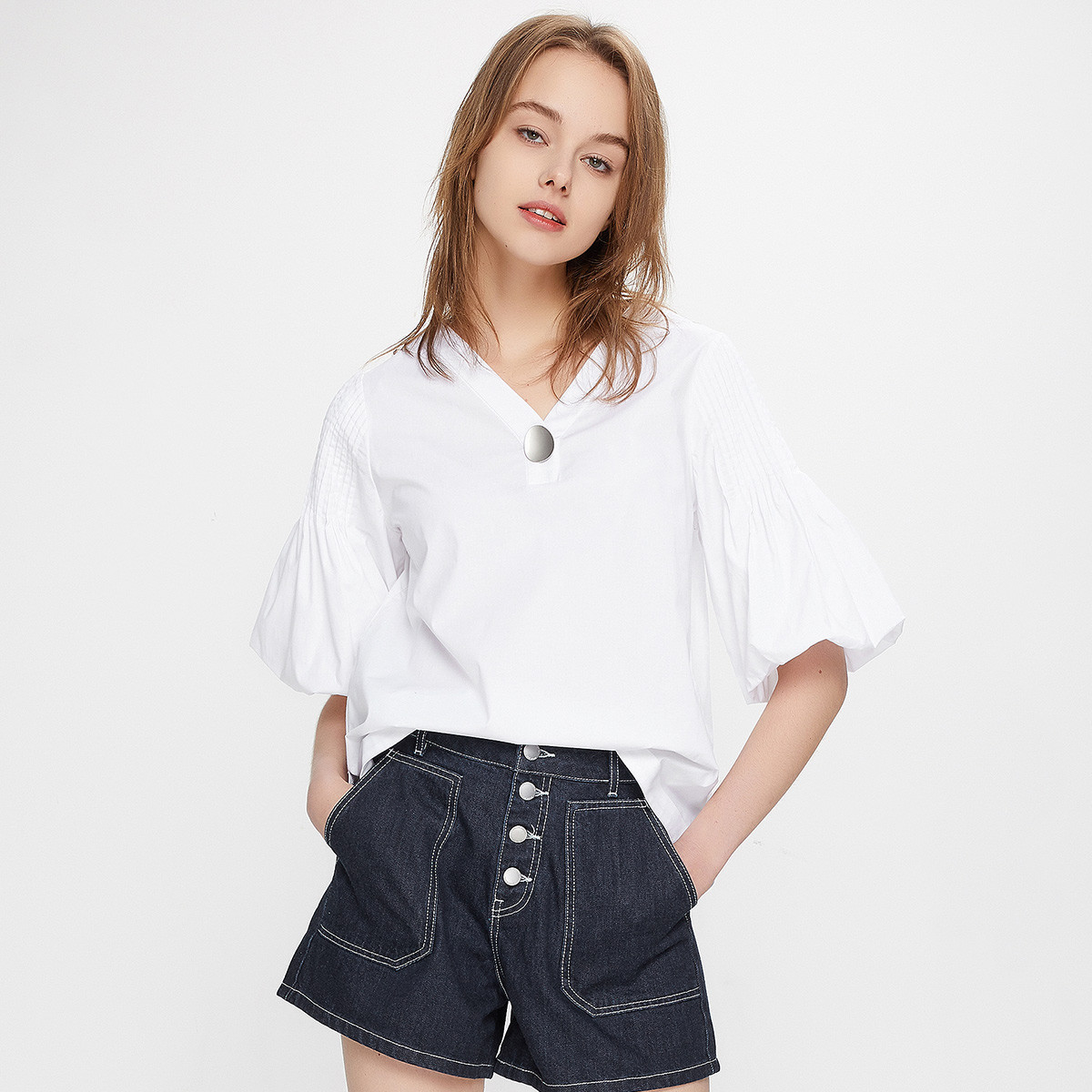 春夏款宽松慵懒风阔袖褶皱百搭衬衫女