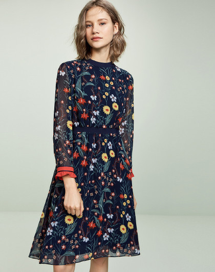 yiner音儿女装2019春新款碎花印花网纱拼接荷叶袖连衣裙