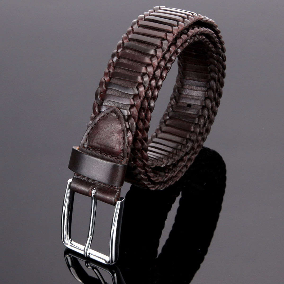 植鞣皮钢扣手工编织皮带男式真皮腰带