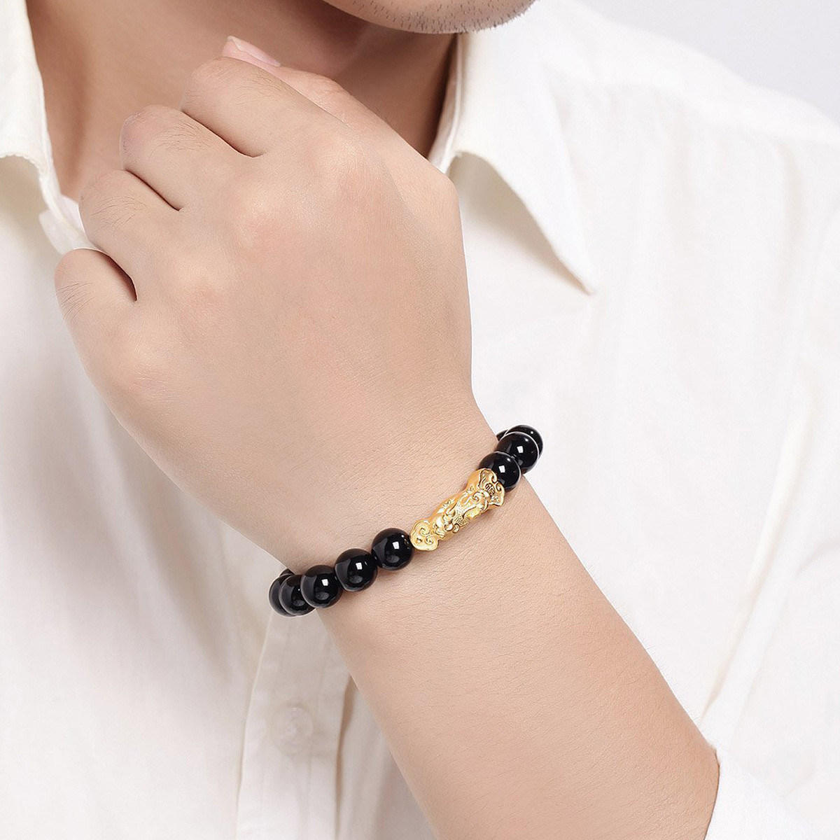 明牌 足金3d硬金如意貔貅转运珠黑玛瑙手串定价