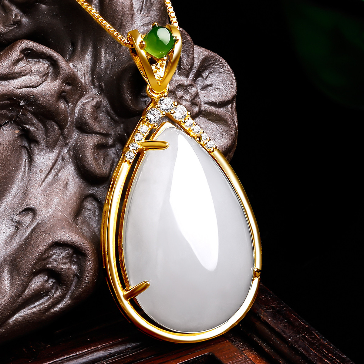 东方翡翠 s925银镶嵌羊脂白玉水滴吊坠玉吊坠/玉坠