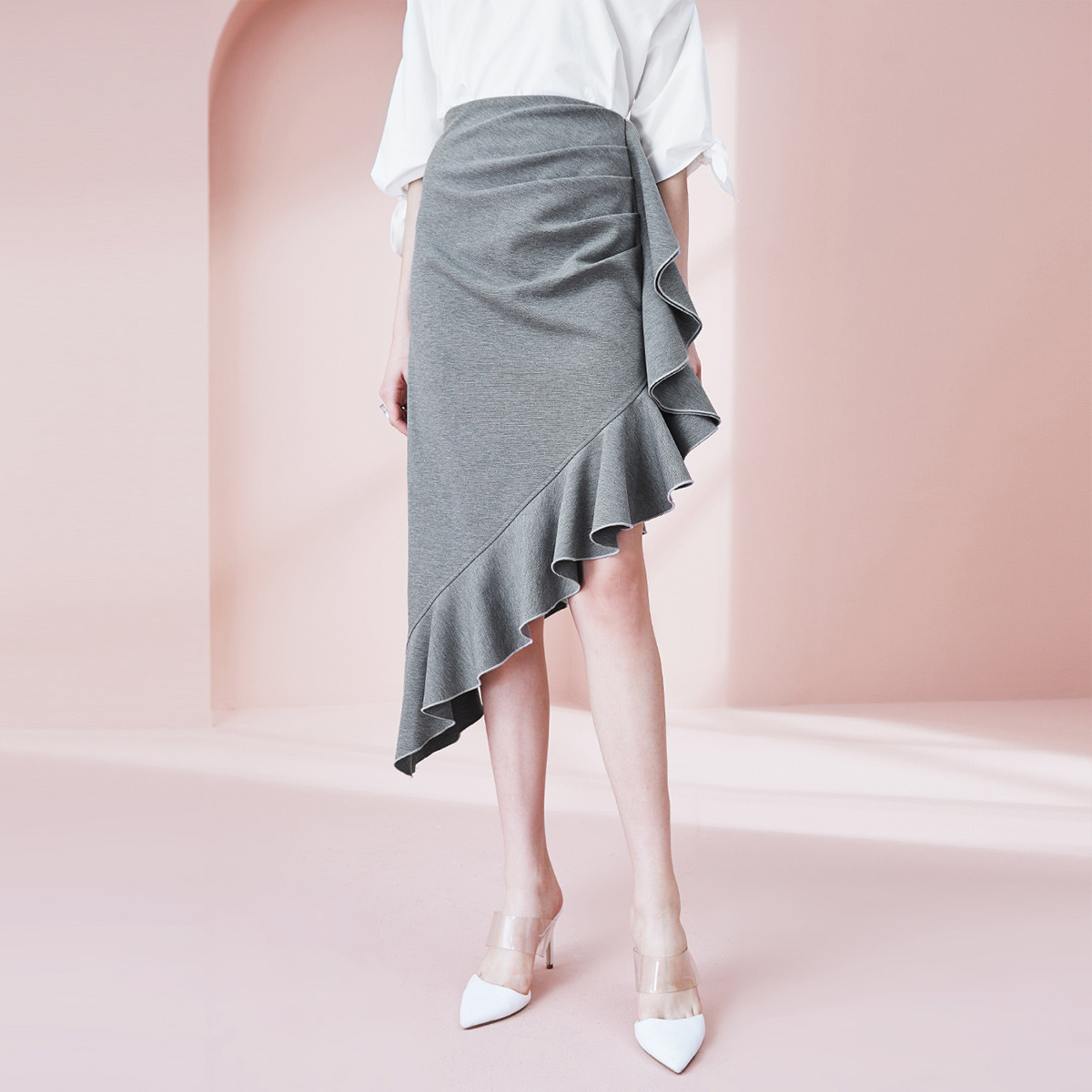 糖力2019夏装新款不对称开叉半身裙荷叶边下摆包臀裙中长裙女