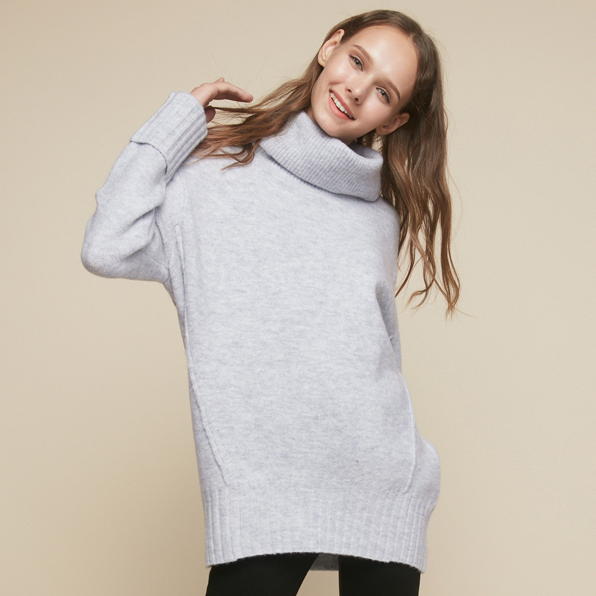 秋冬款羊毛衫外翻高领中长款长袖长款毛针织衫女