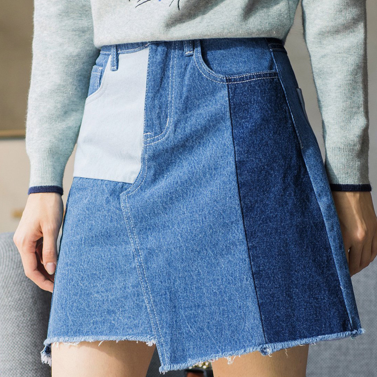 夏季时尚拼接不对称牛仔短裙简约显瘦潮流百搭款