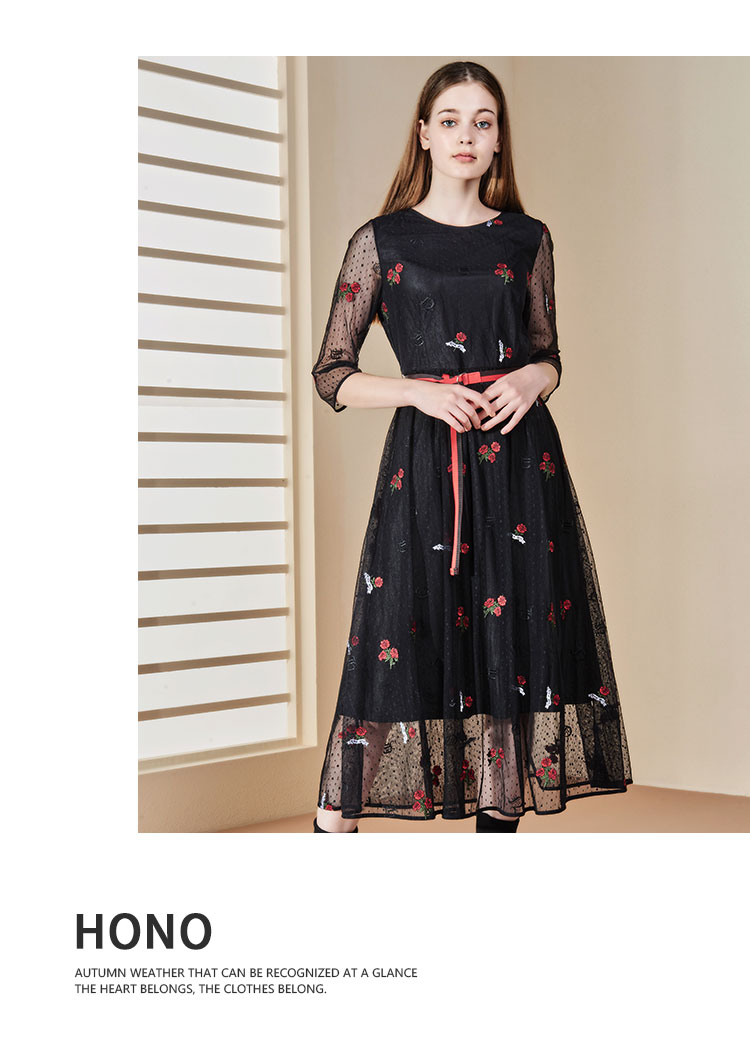 亨奴hono2019秋季新款修身收腰网纱连衣裙